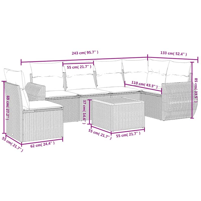 vidaXL 7 Piece Patio Sofa Set with Cushions Gray Poly Rattan