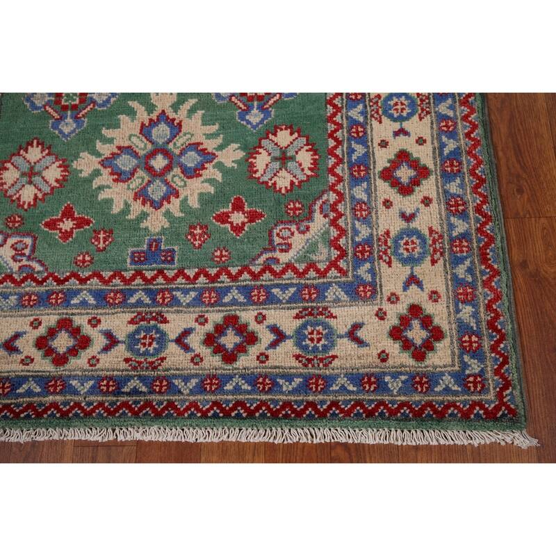 Green Geometric Kazak Oriental Accent Rug Handmade Wool Carpet - 3'4" x 4'10"