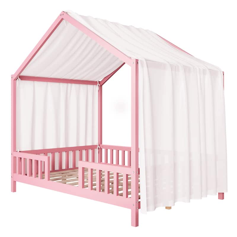 Montessori Toddler Bed Kids House Bed with Airy Canopy, Wood Bed Frame Bed Tent with 4 Full Guardrails, No Box Spring Needed