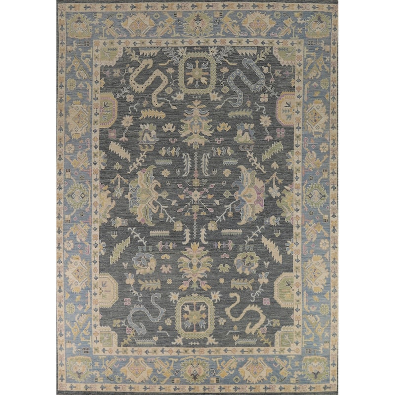 Vegetable Dye Floral Oushak Turkish Rug Hand-Knotted Grey Wool Carpet - 8'10" x 11'9"