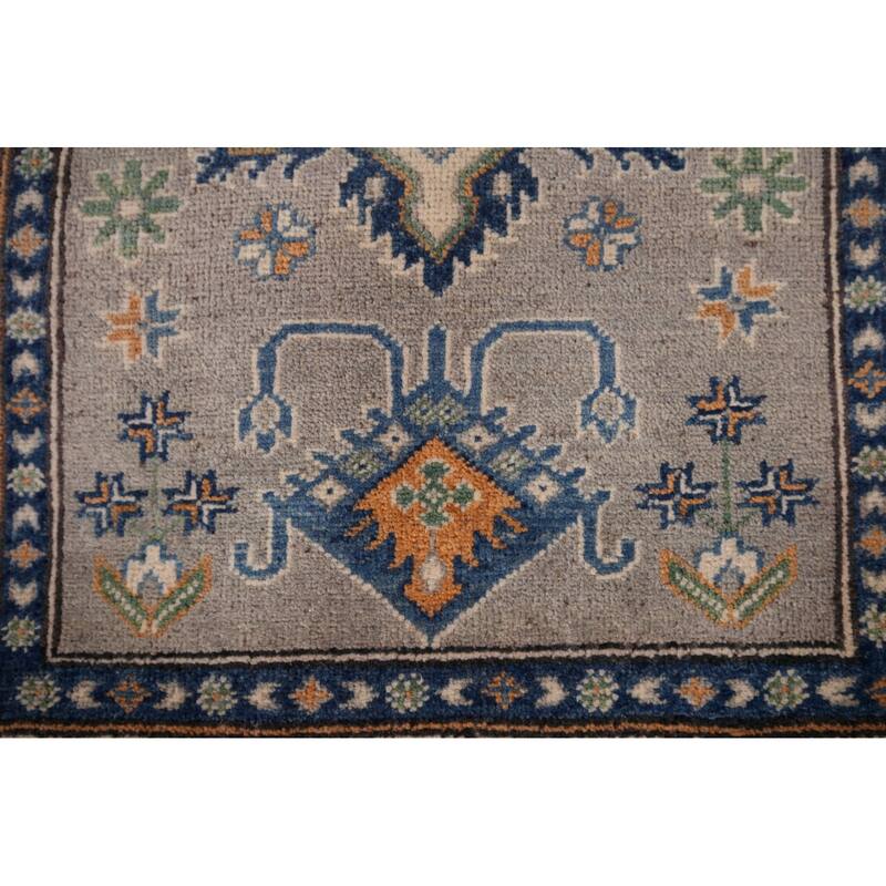 Geometric Kazak Foyer Rug Handmade Grey Wool Carpet - 2'9" x 4'0"