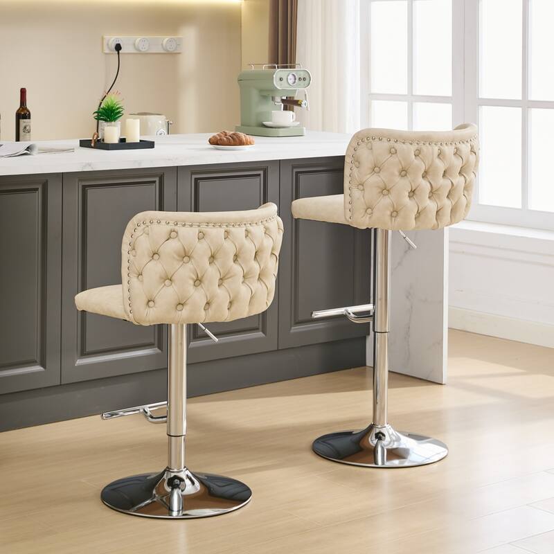 Swivel Barstools Adjusatble Seat Height With Chrome Base, Modern PU Upholstered Bar Stools with the whole Back Tufted