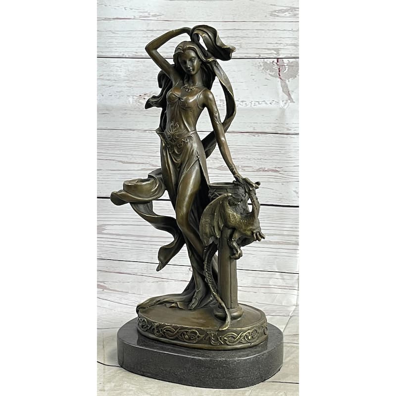 Fantasy Female Figure Art Nouveau Dragon Candle Holder Candelabra Bronze Sculpture