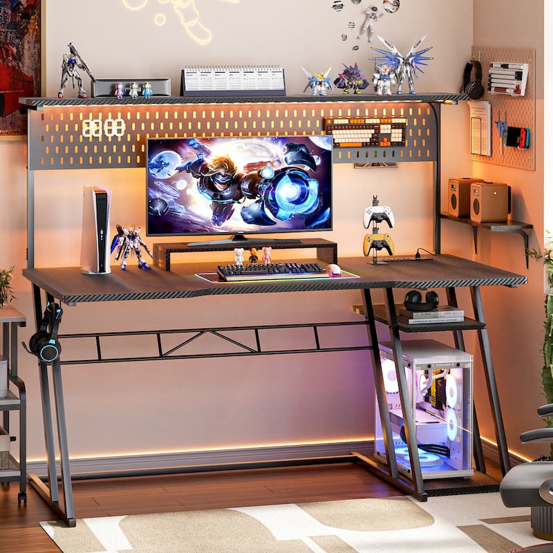 Gaming Desk with Hutch and LED Lights, Computer Table with Storage Shelves - 55'' - Black