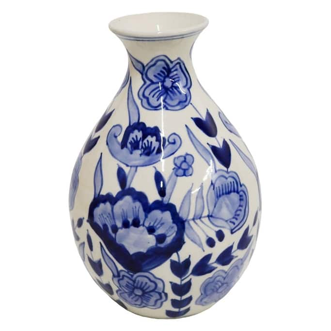 Home&Manor Ceramic Bottle Vase White/Blue