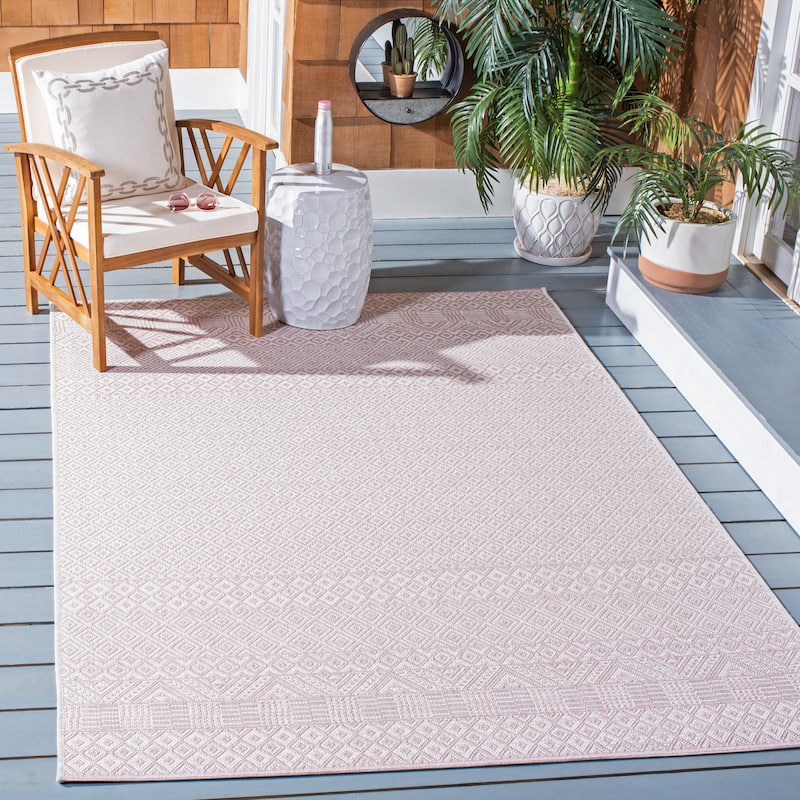 SAFAVIEH Courtyard Leonara Indoor/Outdoor Waterproof Patio Backyard Rug - 6'7" Square - Ivory/Soft Pink