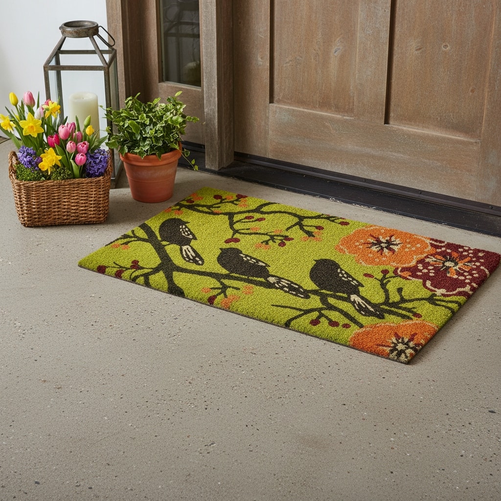 HomeRoots 24" X 36" Green Black And Orange Floral Birds Outdoor Coir Door Mat - 24.00' X '36.00