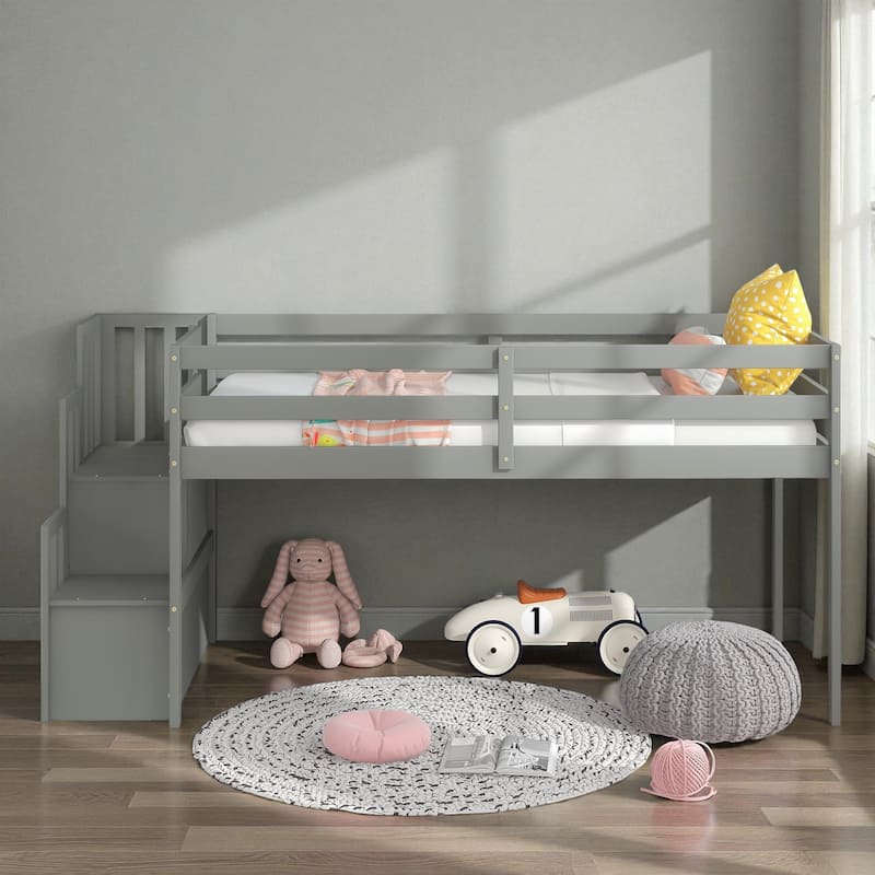 Twin Size Wooden Loft Bed with Staircase and Storage Steps, Solid Pine Frame with Guardrails - Grey - Twin