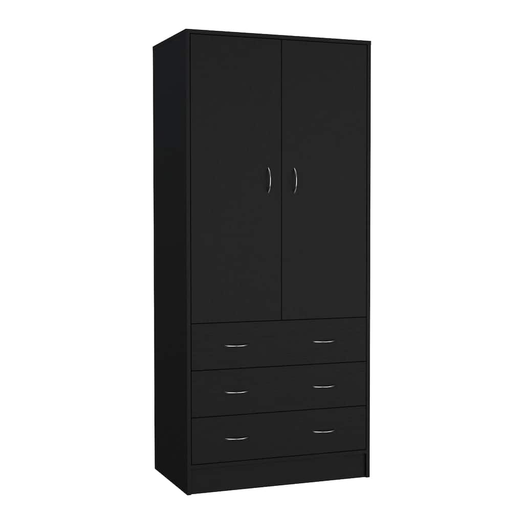 19" Modern Double-door Armoire with 3 Drawers and 1 Hanging Rod for Bedroom