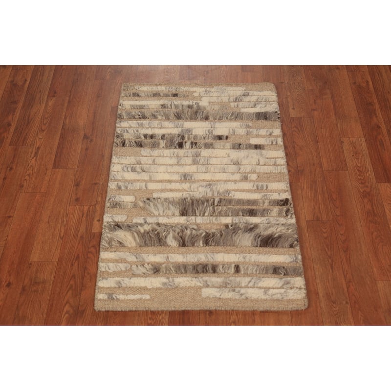 Striped Abstract Moroccan Indian Accent Rug Hand-Knotted Wool Carpet - 2'0"x 3'0"