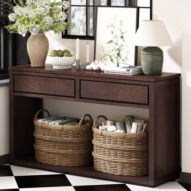 Wood Console Table with 2 Storage Drawers, Sofa Tables with Bottom Shelf for Entryway Hallway Living Room - Espresso