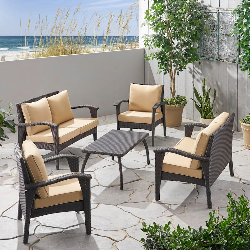 Honolulu Outdoor 5-piece Wicker Chat Set with Cushions by Christopher Knight Home - Brown+Tan