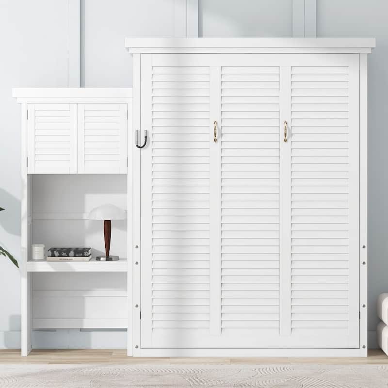 Classic Louvered Style Queen Size Murphy Bed with Storage Shelves