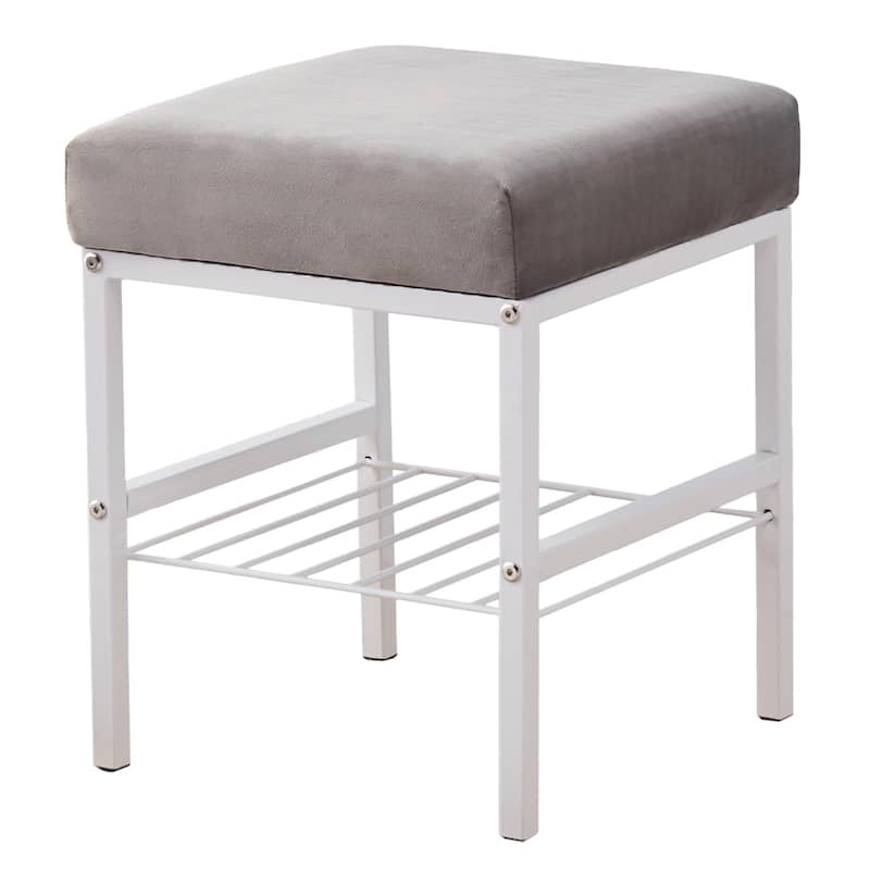 Grey Velvet Square Ottoman Footstool with White Metal Legs for Entryway Bedroom or Dressing Room