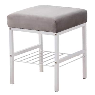 Grey Velvet Square Ottoman Footstool with White Metal Legs for Entryway Bedroom or Dressing Room