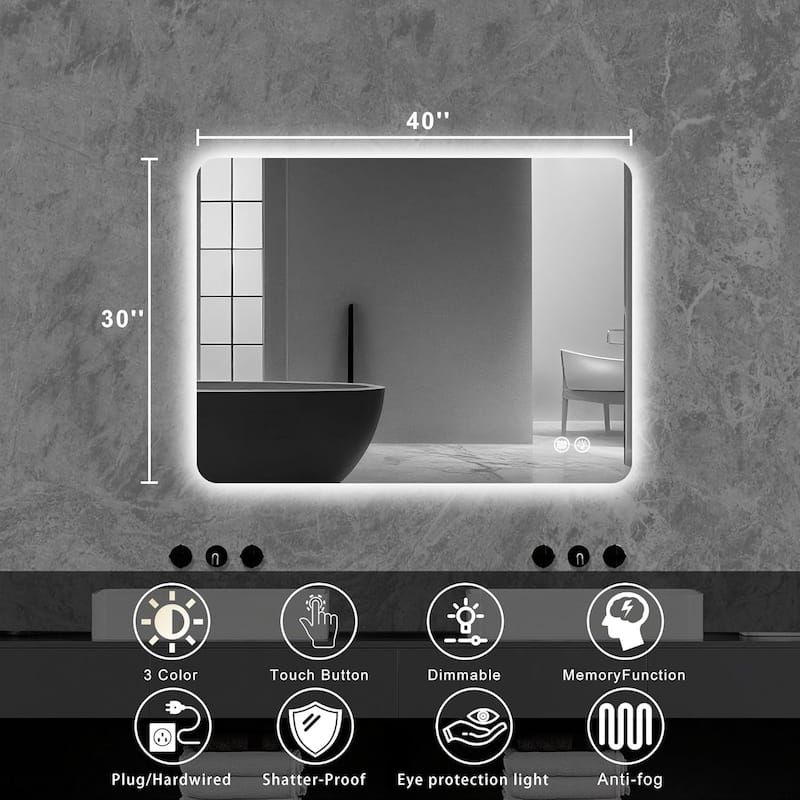 Rectangular Backlit Mirror Bathroom with LED strips,30"x40"