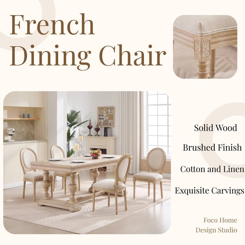 French Country Dining Chairs Set of 2, Upholstered Chairs with Round Back, Wire drawing and carving techniques ,Disassemblable