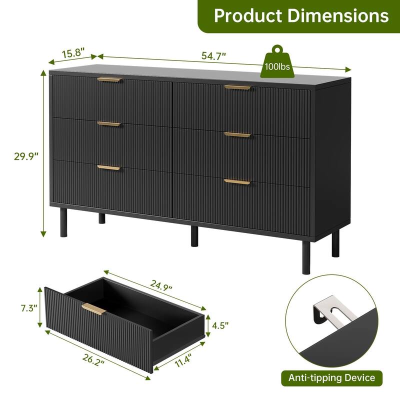 55'' Wide Chest of Drawers, 6 Drawer, with Anti-Tipping Device