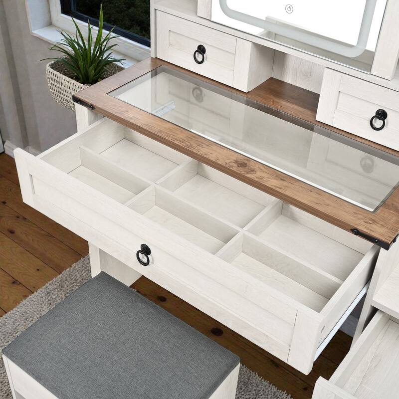 Farmhouse Vanity Desk with Sliding LED Mirror and Lights, Glass Top Vanity Set with Charging Station