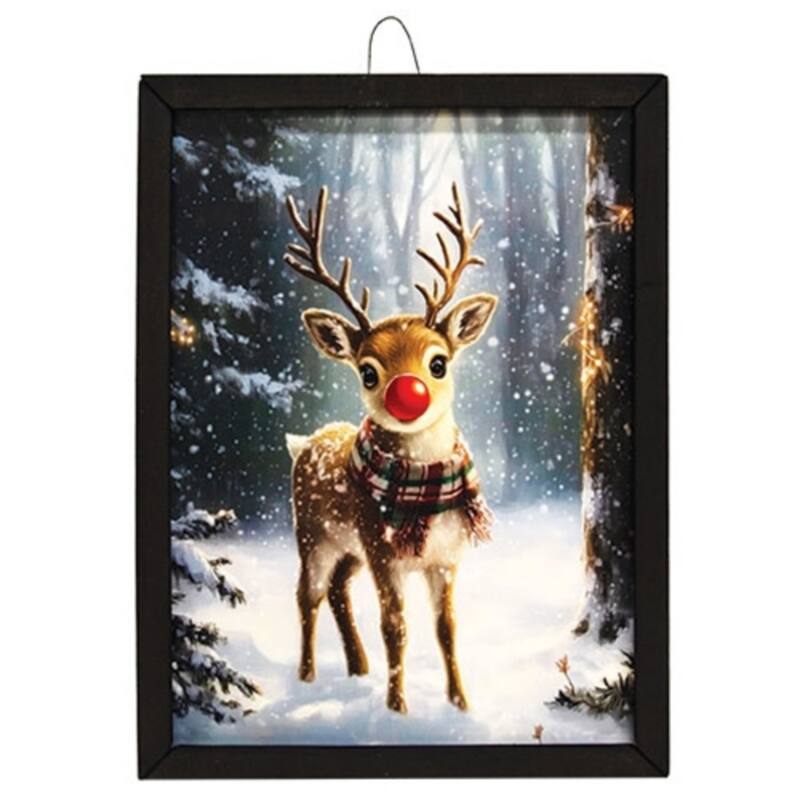 Red Nosed Reindeer Box Frame Christmas Wall Art Young Reindeer Black Wood Holiday Decor 17x13 - Black