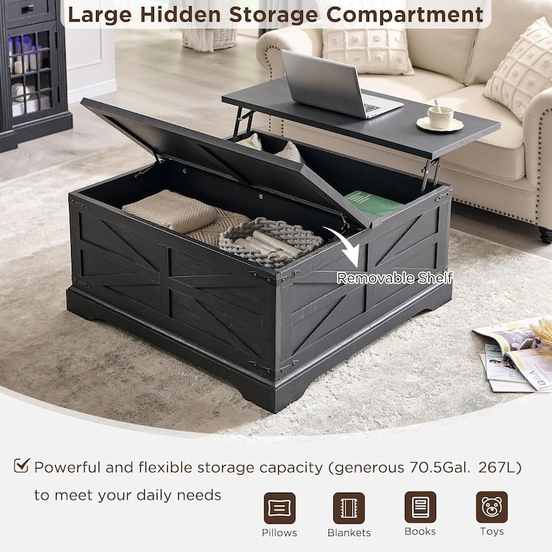 Farmhouse Lift Top Coffee Table with Storage, Wood Square Center Table
