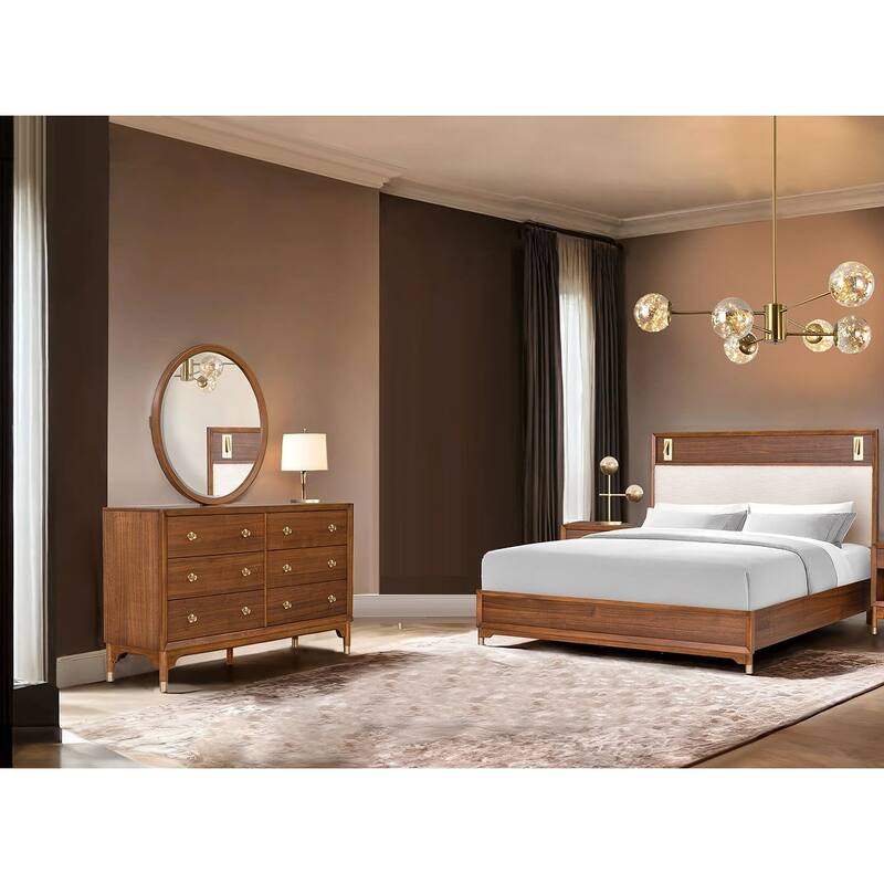 Royal Walnut Finish Upholstered Bed Dresser Mirror 3pc Bedroom Set