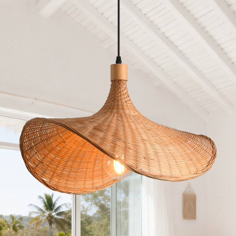 20" Natural Wicker Rattan Adjustable Pendant Light Chandelier for Dining Room