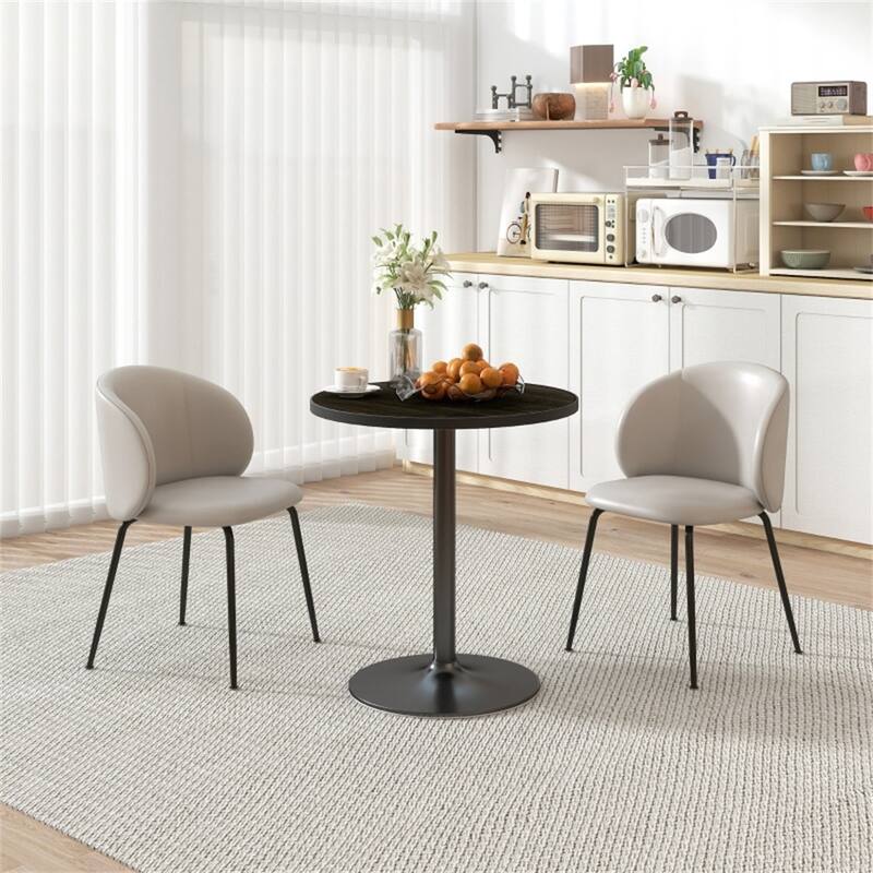 Modern Black Round Dining Table with Wood Grain Top and Metal Base Space-Saving Design for Kitchen - 27.6" Dia. x 29.9" H