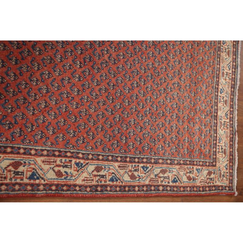 Hand Knotted Oriental 100% Wool Carpet Traditional All-Over Red Botemir Runner Rug - 10' 8'' X 3' 8''