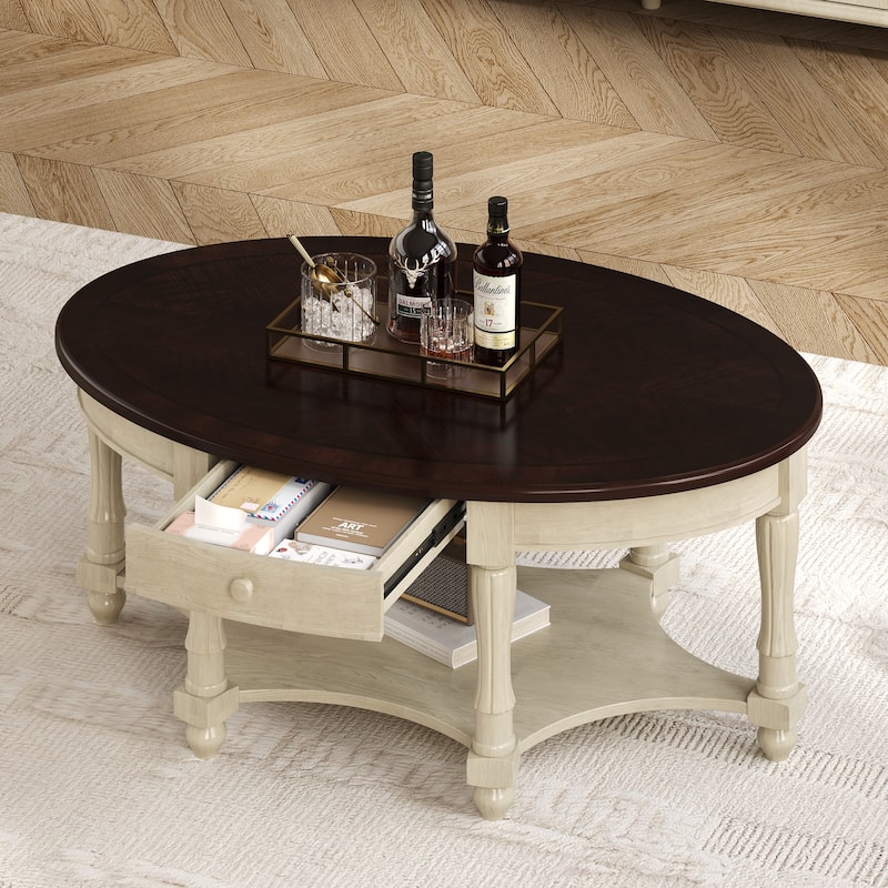 French Country Style Coffee Table Vintage Oval Coffee Table with Drawers and Storage Shelves, for Living Room