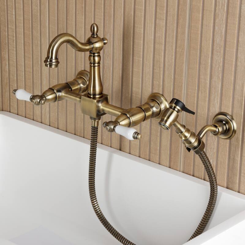 Kingston Brass Essex Double-Handle Wall-Mount Pre-Rinse Bridge Kitchen Faucet
