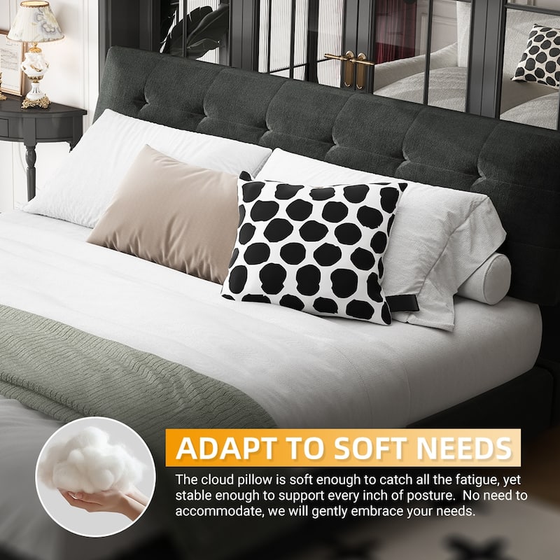 King Size Bed Frame,Tufted Headboard with Extra-Large Ultra-Soft Cloud Pillow Design,Chenille Platform Bed