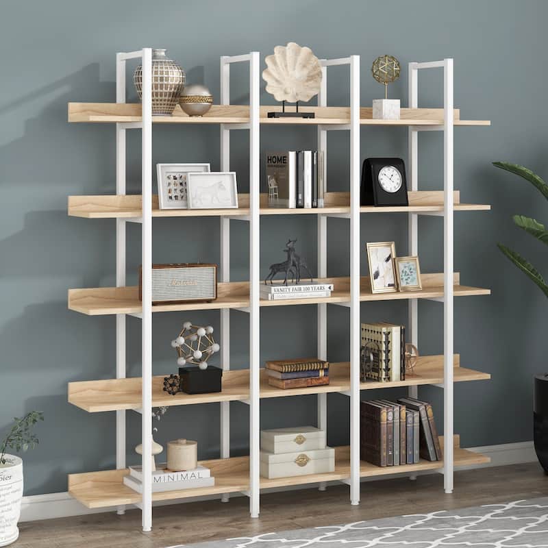 5 Tier MDF Board Bookcase Home Office Open Bookshelf - White+Oak