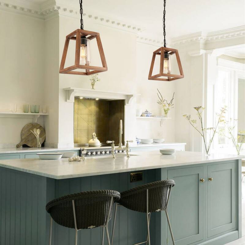 Anmytek Pendant Light Farmhouse Kitchen Wood Chandelier Rustic Hanging Ceiling Light Fixture