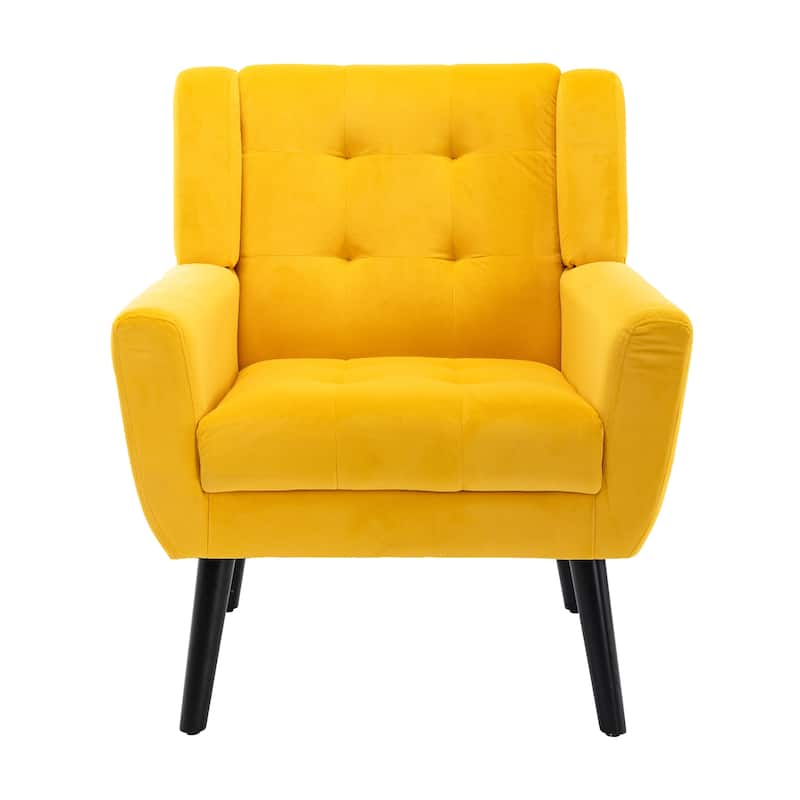 Yellow Velvet Modern 29.53" Upholstered Buttons Tufted Accent Chair with Black Solid Wood Legs
