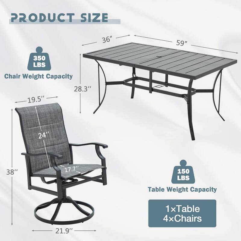 Erommy Outdoor Patio Dining Set with Swivel Rocker Chairs, Metal Table with Umbrella Hole, Patio furniture for Backyard