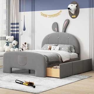 Velvet Rabbit-Shaped Full Size Platform Bed with Drawers and Bed-End Storage Pocket