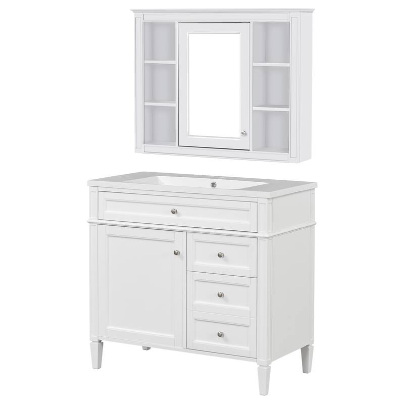 Freestanding Bathroom Vanity & Wall Mounted Mirror Cabinet Set with Resin Sink, Open Shelves, Drawers and Adjustable Shelves