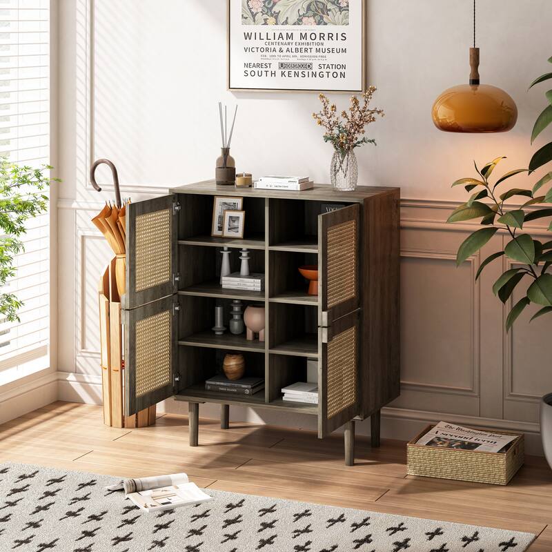 Anmytek Grey Woodgrain 4 Door Rattan Sideboard with 8 Storage Shelves Boho Buffet Cabinet