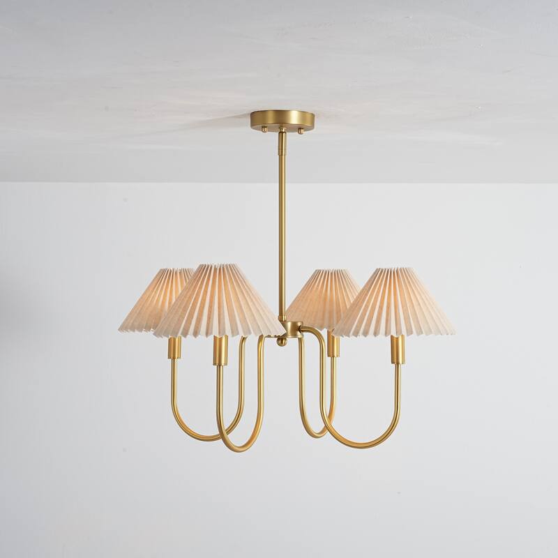 4-Light Mid-Century Modern Chandelier in Brushed Gold/Matte Black Chandelier with Pleated Shades for Living Room
