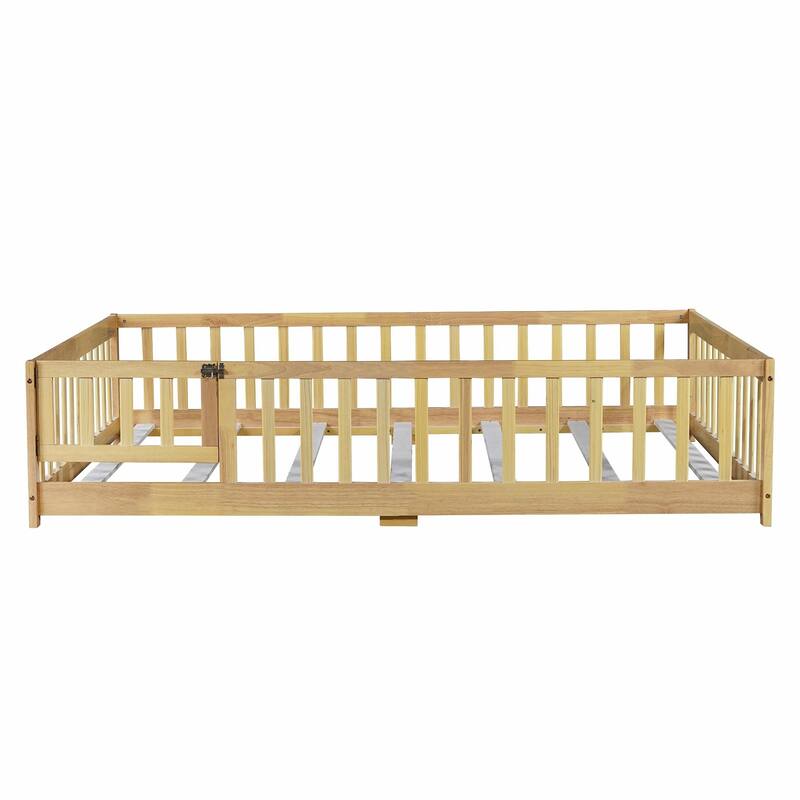 Floor Bed with Fence and Door, Rubber Wood Floor Bed with Safety Guardrails