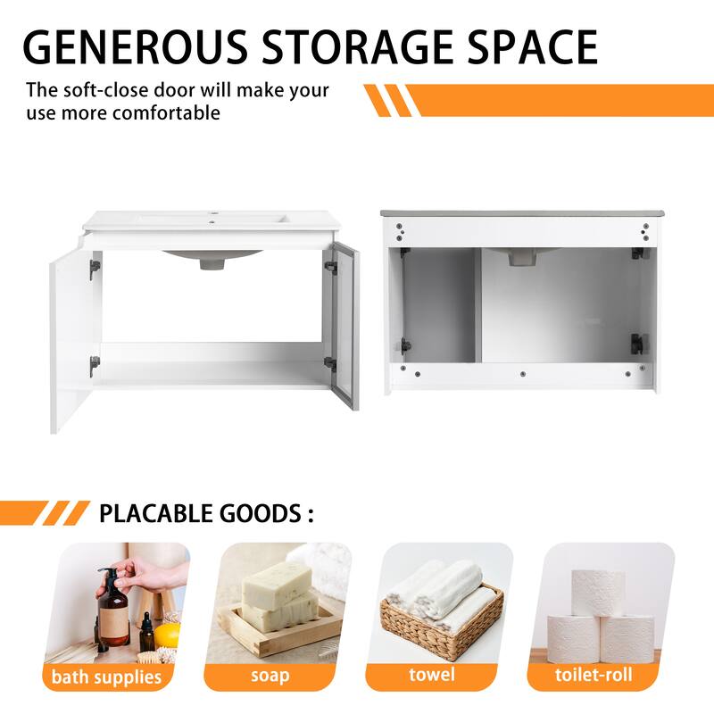Bathroom Vanity With Sink In 24/30/36 Inch, Floating Bathroom Vanity With Soft Close Door