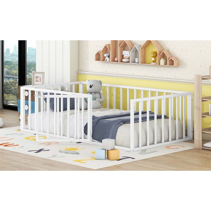 Metal Floor Bed Frame with Fence & Door