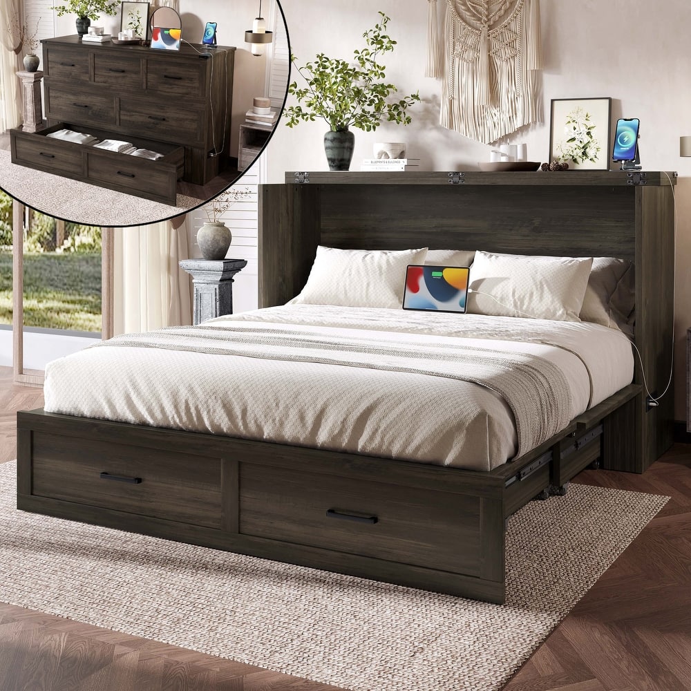 Modern Murphy Bed Cabinet Bed with Drawer Charging Station