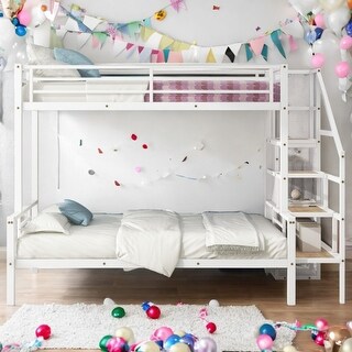 White Twin over Full Metal Bunk Bed with Storage Staircase and Small Open Wardrobe