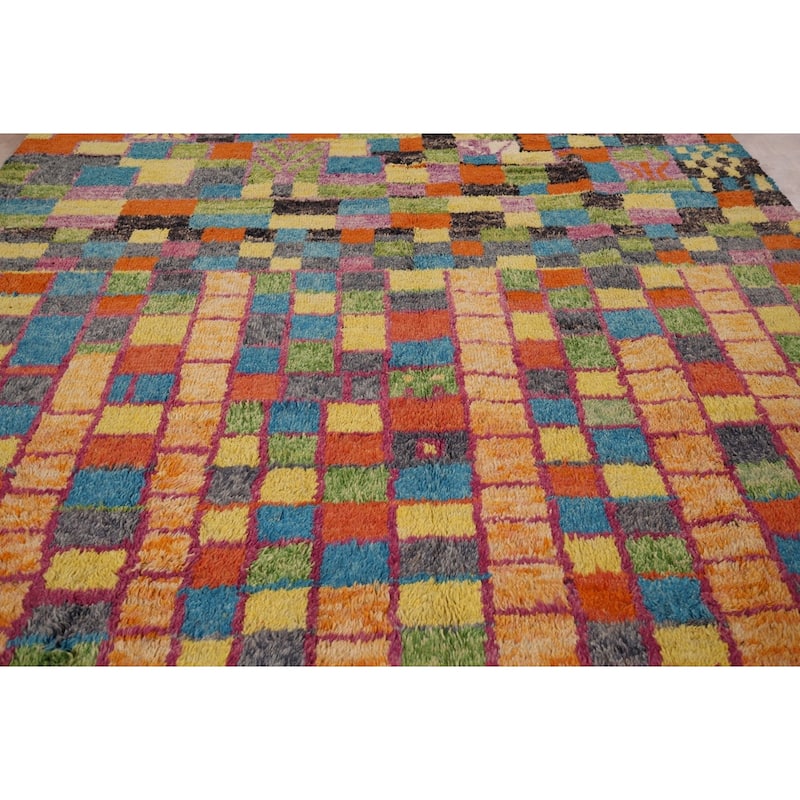 Colorful Checkered Moroccan Plush Area Rug Handmade Wool Carpet - 8'8" x 12'9"