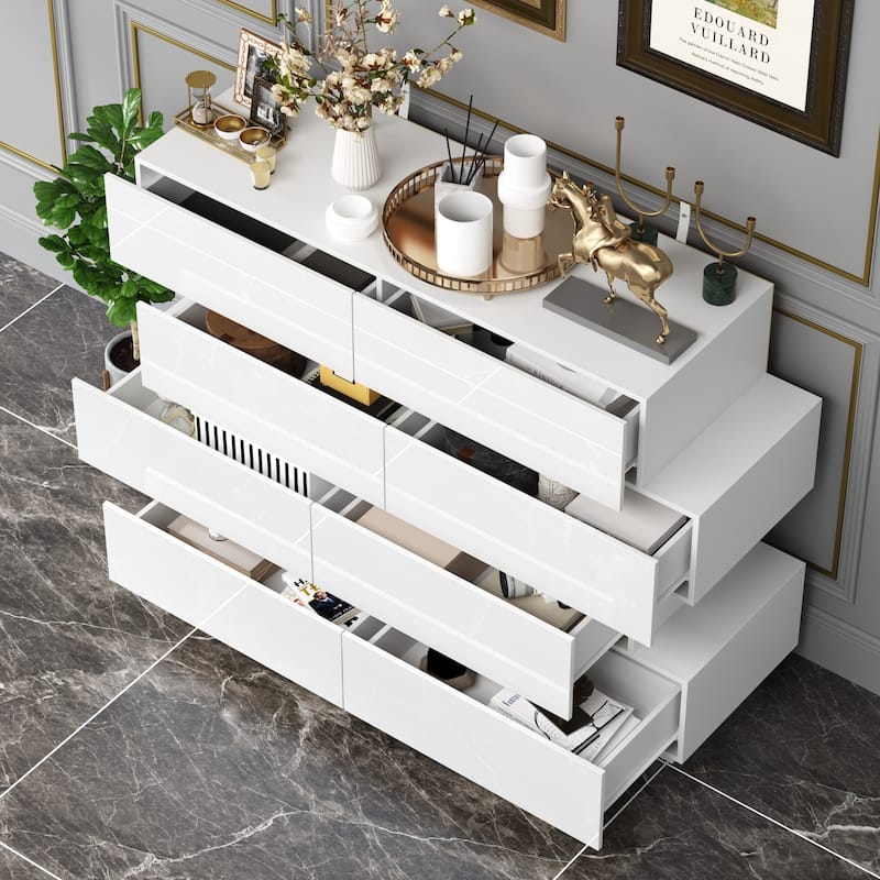 High Gloss White Eight-Drawer Dresser with Modern Design and Storage Chest