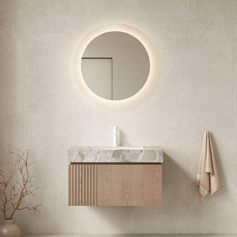 30" Floating Bathroom Vanity with Sintered Stone Top & 1-Hole Ceramic Basin, Pre-assembled Plywood Cabinet - Light Brown+Light Grey