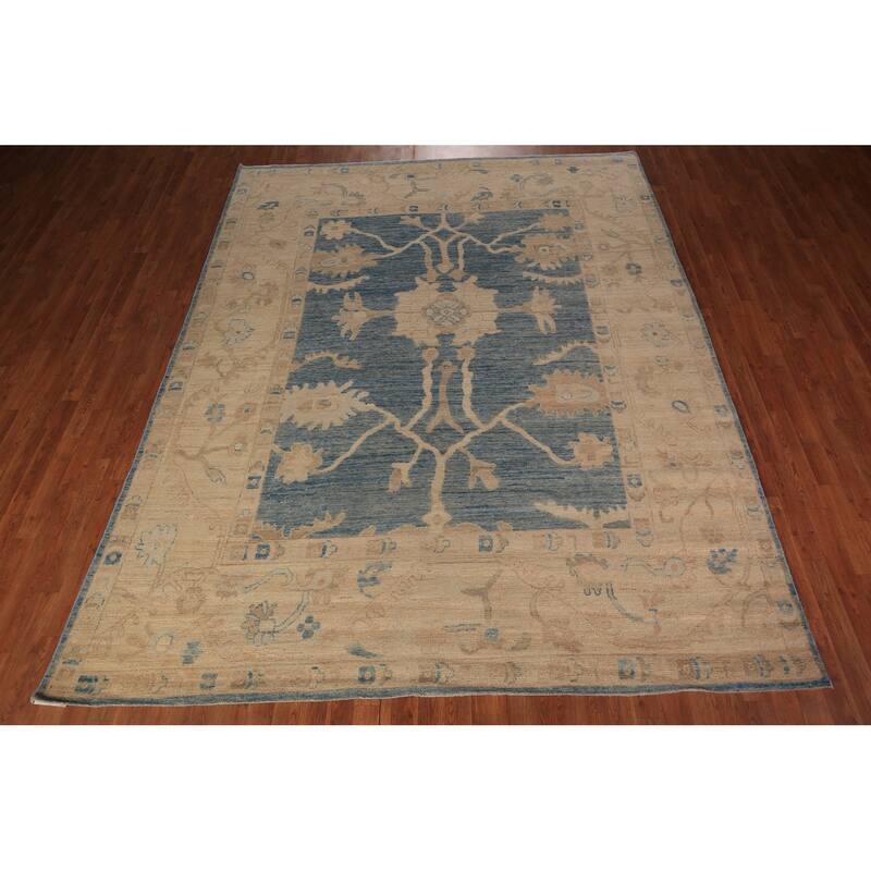 Vegetable Dye Blue Oushak Turkish Area Rug Hand-Knotted Wool Carpet - 8'2" x 9'11"