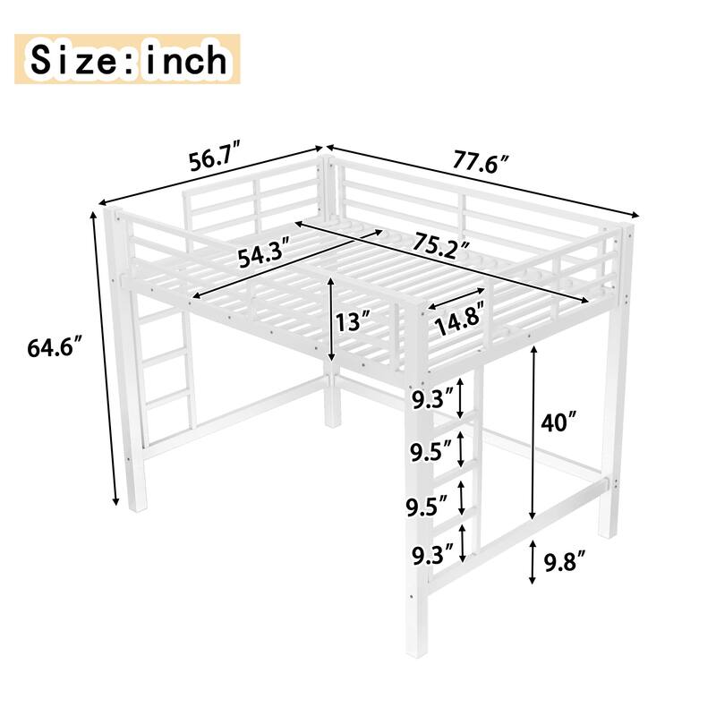 Metal Loft Bed with Dual Ladders and Guardrails, Space Saving Loft Bed for Dorm or Bedroom